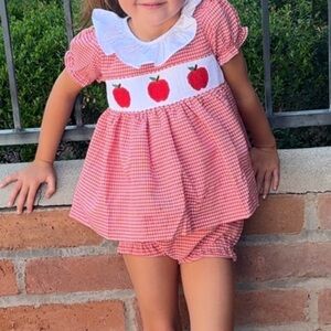 Charming Red Gingham Kids Set with Apple Design